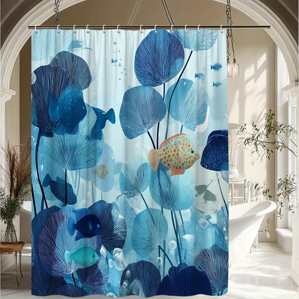 1pc Ocean Theme Fish And Aquatic Plants Pattern Shower Curtain Exquisite Bathroom Decoration Polyester Fabric Contains 12 Hooks