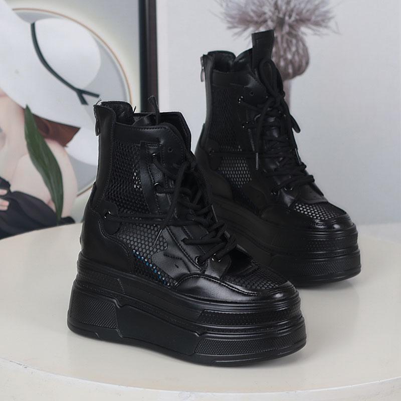 Fashion 12CM Air Mesh Microfiber Synthetic Chunky Sneakers Spring Shoes Leather Ankle Booties Women Vulcanize Boots Autumn