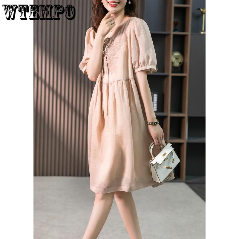 

Летние платья средней длины. Женские летние свободные однотонные платья с вышивкой. Элегантные шоу-платья большого размера.