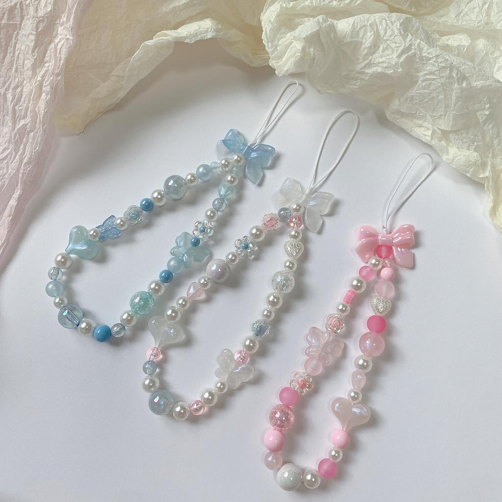 Cute Heart Beaded Bracelet Acrylic Colorful Bowknot Flower Butterfly Sweet Pearl Mobile Phone Shell Accessories Anti-Lost Chain
