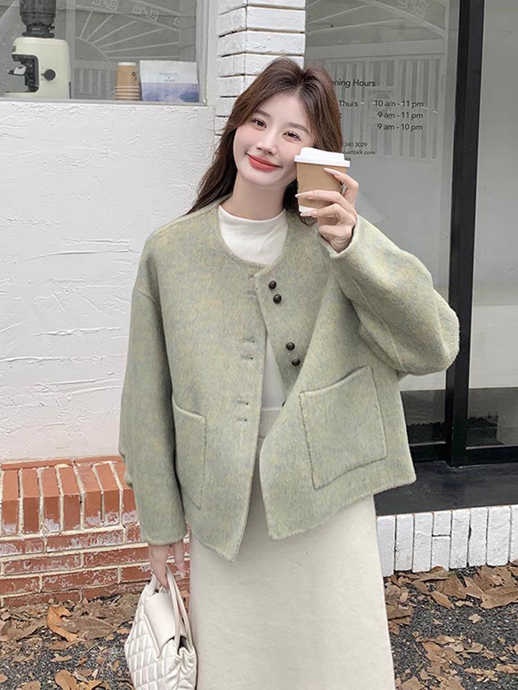 2025 New Korean Style Women's Short Wool Coat: Double-Sided Fragrance Style with Round Neck