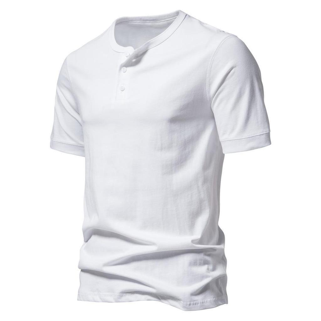 Pánské jednobarevné americké letní jednobarevné tričko Henley s polovičním rukávem - trendy sportovní oblečení pro volný čas
