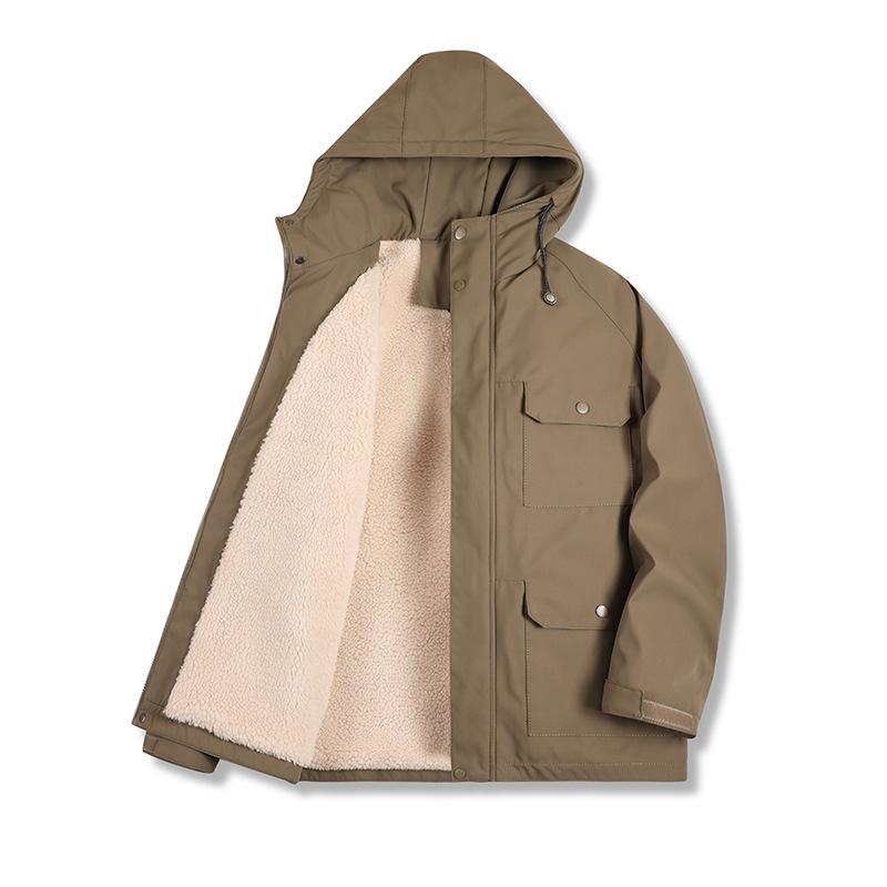 

Осенне-зимняя толстая флисовая ветровка, мужская куртка с капюшоном и воротником-стойкой, ветрозащитная, из овечьей шерсти, теплая, мужская ветровка с несколькими карманами M хаки