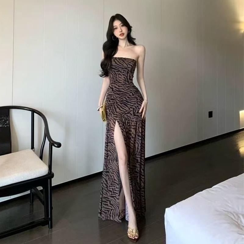 European & American Leopard Print Bodycon Dress - Sexy Spicy Ink Pattern, Patchwork Split, Tight Fit for Summer. S