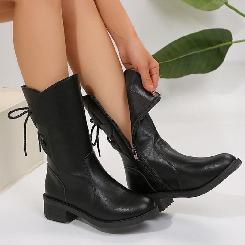 Sznurowane Dekoracyjne Grube Obcasy Kozaki do Połowy Łydki Damskie Moda Duży Rozmiar 43 Zamek Błyskawiczny Skóra PU Kozaki Damskie Średni Obcas Jesień Zima Botas