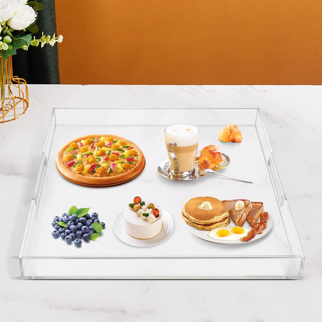 Bymaocar Transparenter Acryl Quadratischer Wasserdichter Serviertablett Geringe Stellfläche Mit Griffen für Speisen, Vorspeisen, Kaffee, Getränke