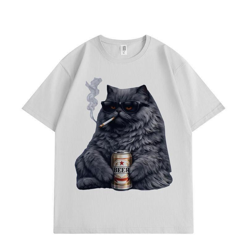 Funny Cat Smoking and Drinking Graphic T Shirts High Street Fashion Trend Short Sleeve T-shirt Men Women Cotton T-shirts