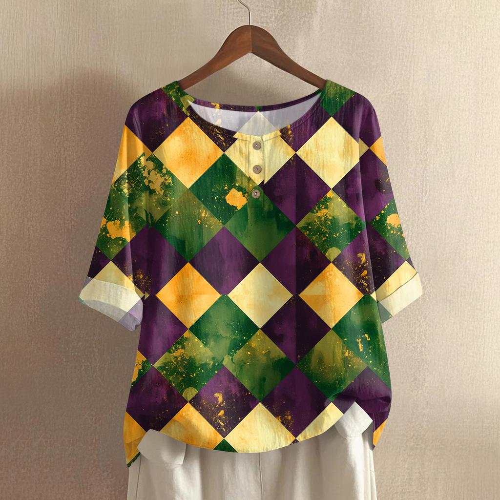 Women's Casual And Comfortable Mid-Length Round-Neck Fashion Print Cotton-Linen Top