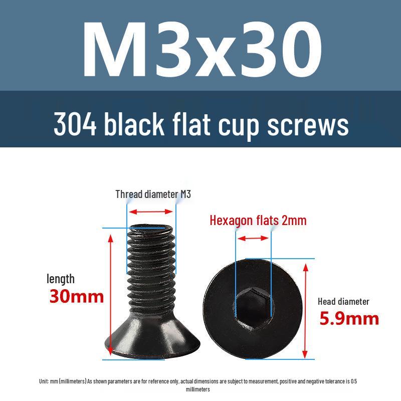 Yigu Black 304 Stainless Steel Extended Flat Head Hex Socket Screws (M2, M3, M4)