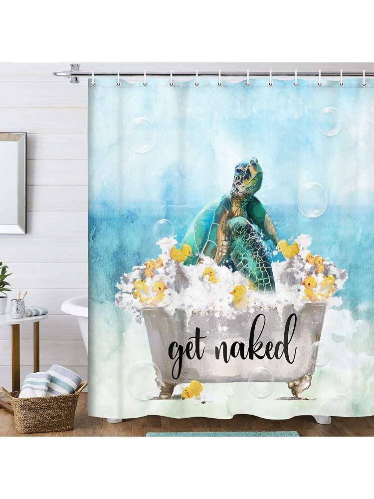 

Funny Get Naked Shower Curtain Sea Turtle And Yellow Duck In Bubble Bathtub Shower Curtain For Bathroom, Fabric Watercolor Navy W60H190(CM)-1 Pcs