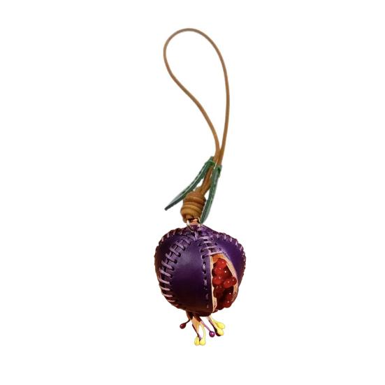 Pomegranate Leather Keychain, Handmade Vegetable Tanned Fruit Pendant, Real Leather Bag Charm Purse Ornament for Women фиолетовый