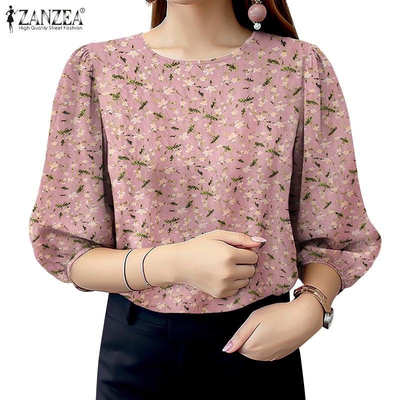 ZANZEA Women Casual Round Neck 3/4 Sleeve Loose Floral Blouse