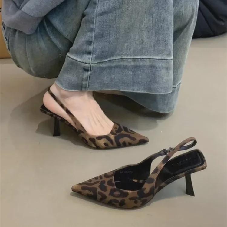 "2025 Summer Black Leopard Print Stiletto Heels - French Style, Closed Toe Sandals"