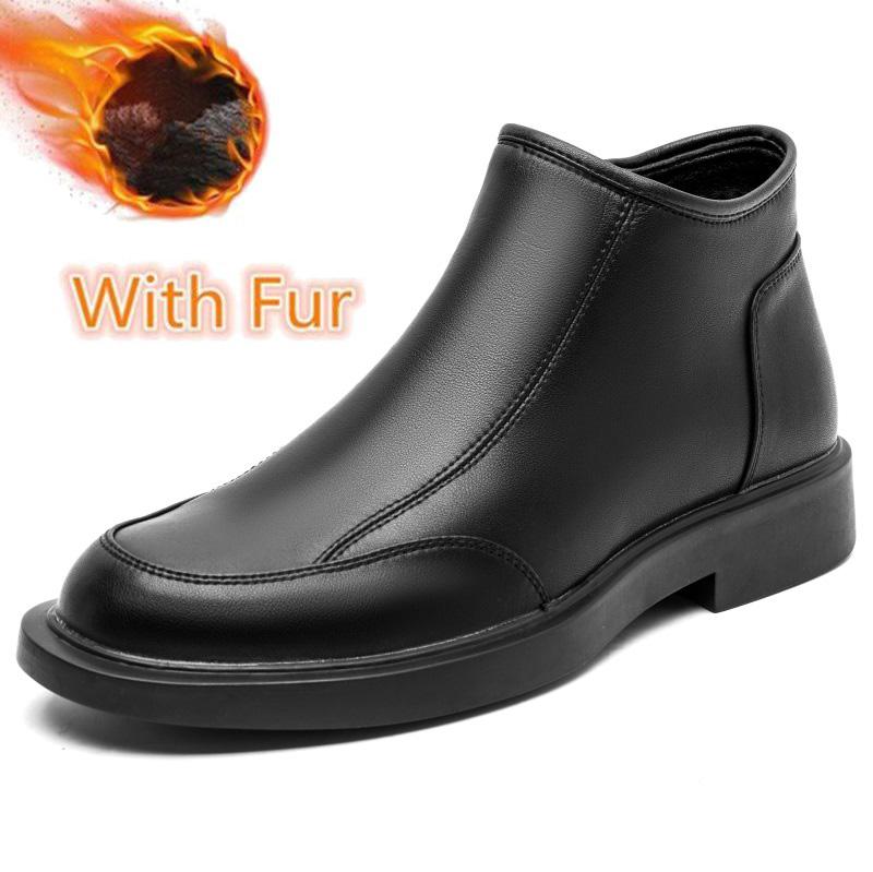 British Style Men's Ankle Boots Side Zipper Male Chelsea Boots High Top Men Shoes for Leather Warm Plush Fur Winter Boots Botas