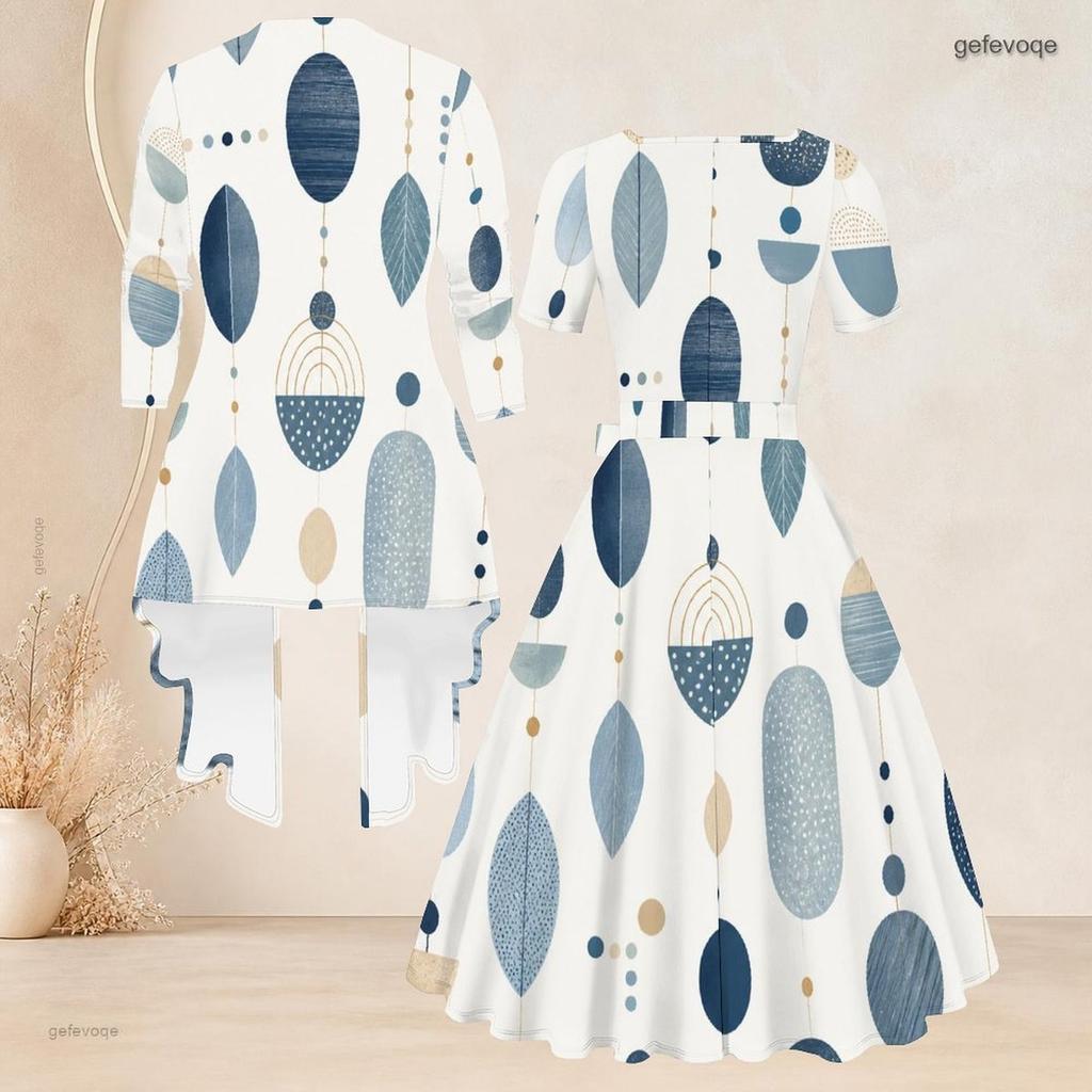 Women Plus Size Geometric Printed Two Piece Set Square Neck Short Sleeve Tie Waist Flared Dress And Three Quarter Sleeve Cardigan