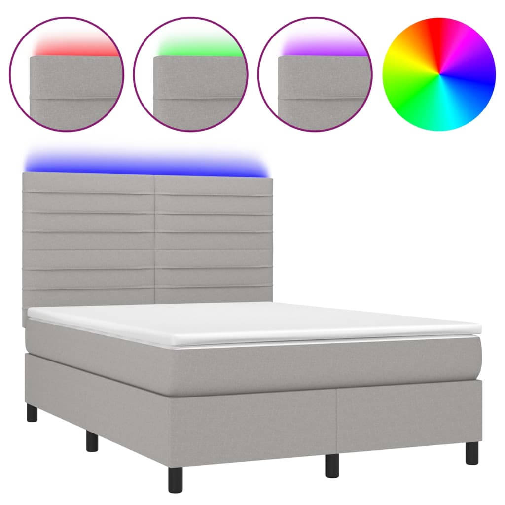 Box Spring Bed with Mattress & LED Lights Light Grey 140x190 cm Fabric