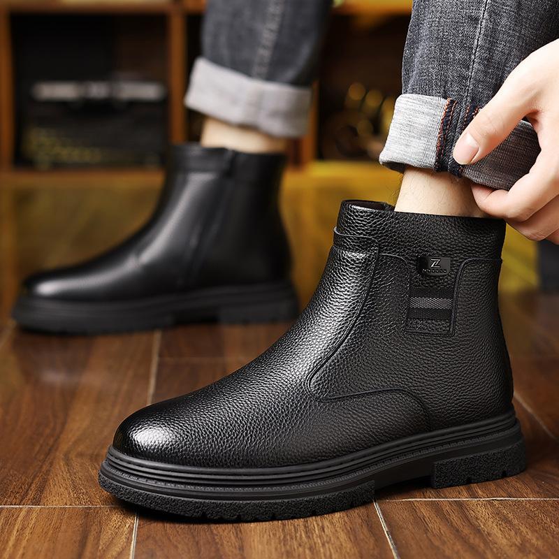 New Winter Ankle Boots Men's Genuine Leather Mid Top Vintage Plush Warm Soft Leather High Top British Side Zipper Chelsea Boots