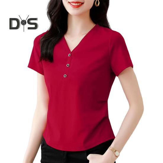 

Женская футболка с V-образным вырезом, декором на пуговицах, коротким рукавом, облегающая мягкая эластичная футболка-пуловер, топы для поездок на работу L