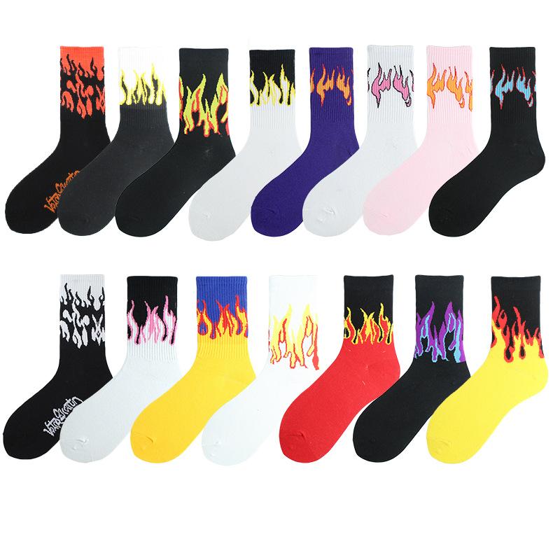 1 Pair Women Fashion Hip Hop Hit Color On Fire Crew Socks Red Flame Blaze Power Torch Hot Warmth Street Skateboard Socks