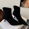 Brown Short Boots Women's  New Spring and Autumn Suede French High-heeled Ankle Boot Pointed Elastic Fashion Thin Boots