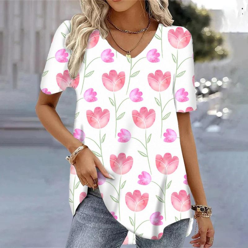 Elegant Yellow Flower Printed  V-neck Short Sleeve Tops Casual Loose Tees Streetwear Quick Drying T-shirts Female Blouse S-3XL