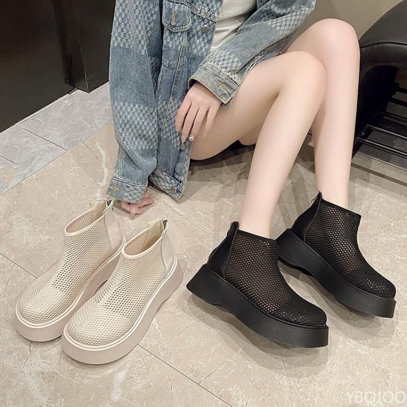 Waterproof Platform Anti-slip Wear-resistant Short Boots Summer New Round Head Mesh Cloth Breathable Rear Zipper Women Shoes