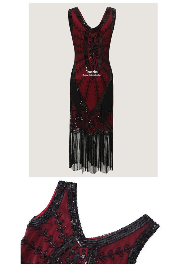 1920s Retro Sequin Tassel Plus Size Black Dress, V-Neck Party/Banquet Wear