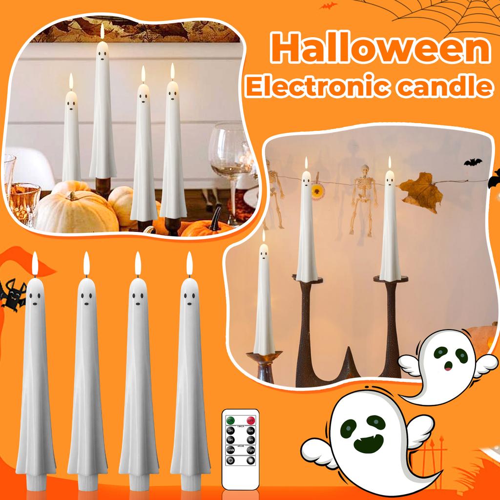 Flameless Flickering Taper Candles With Remote And Timer, Battery Operated Real Wax Spooky Face LED Candles Fireplace Halloween Holiday Decor