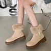Comemore Fur Padded Thick-soled Snow Boots Women's 2025 New Winter Warm Cotton Shoes Casual Middle Heel Side Zipper Female Botas