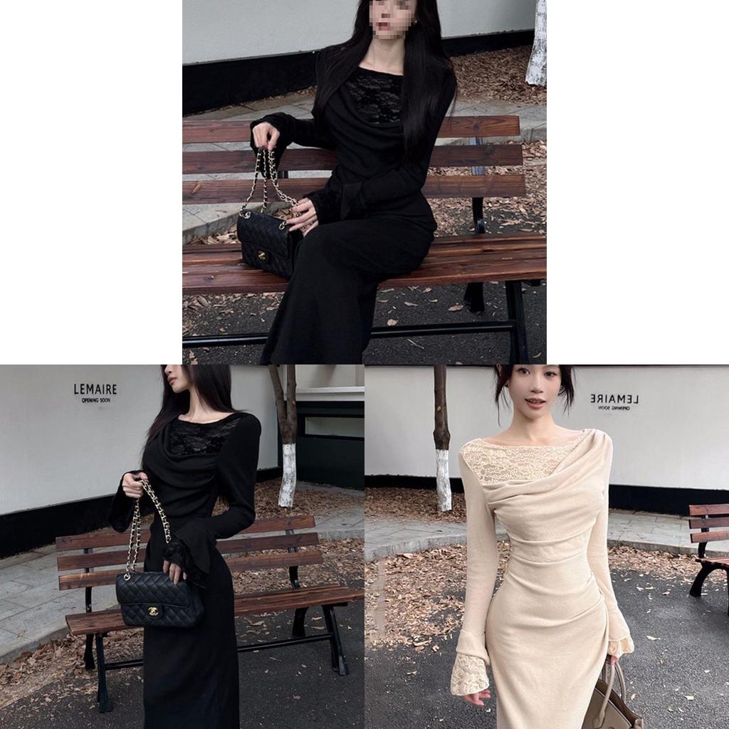 Bahar İçin Romantik Bej Dantel Patchwork Uzun Kollu Elbise Günlük ve Akşam Giyimi