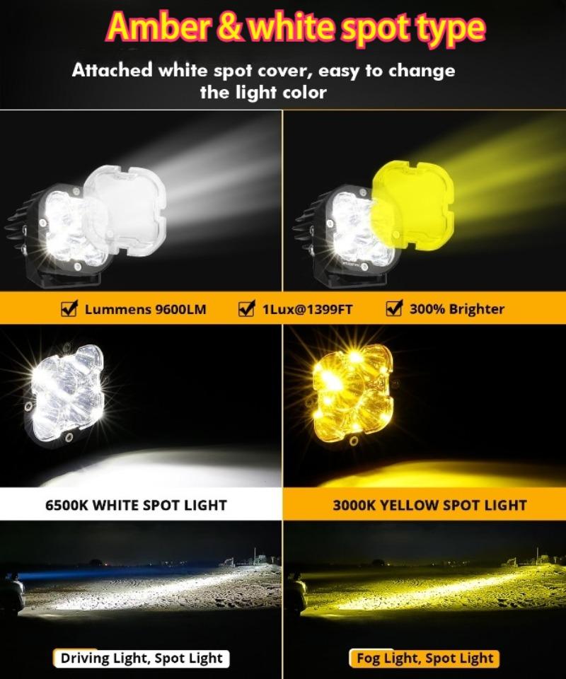 AUXBEAM 6 Types 3 Inch LED Pod Lights White & Amber Spot / Flood / Combo Driving Work Light for ATV SUV Truck Pickup Boat