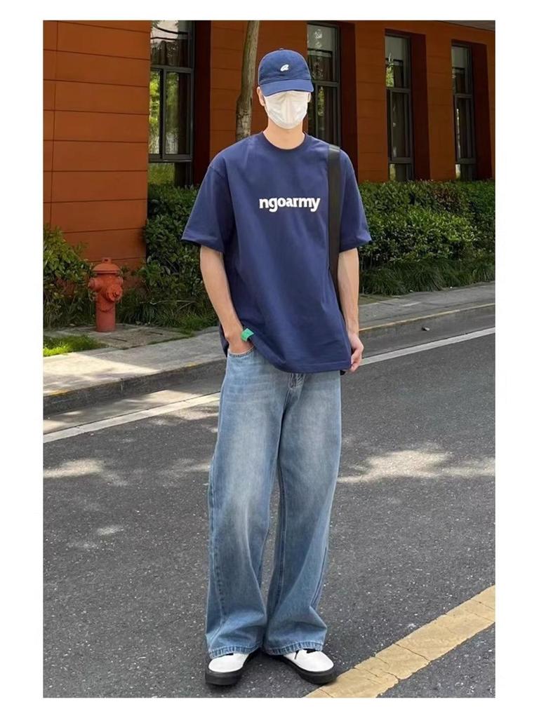 Men's Loose Straight-Leg Distressed Jeans - Floor-Length, Wide-Leg, Casual Trend