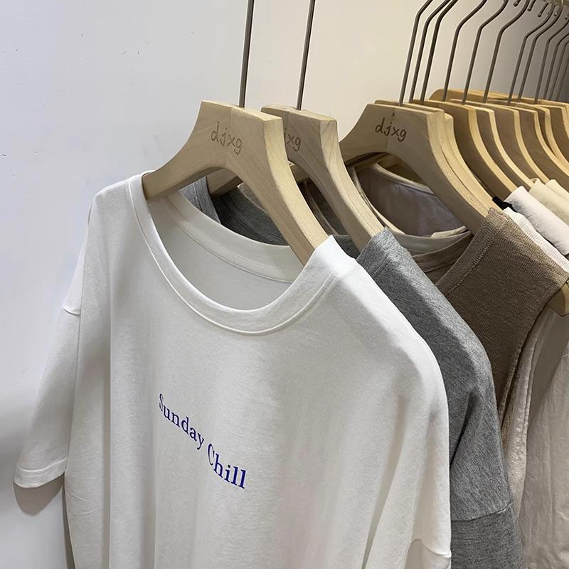 Dam sommar 2024 Lös passform Bokstavstryck Bomulls-T-shirt