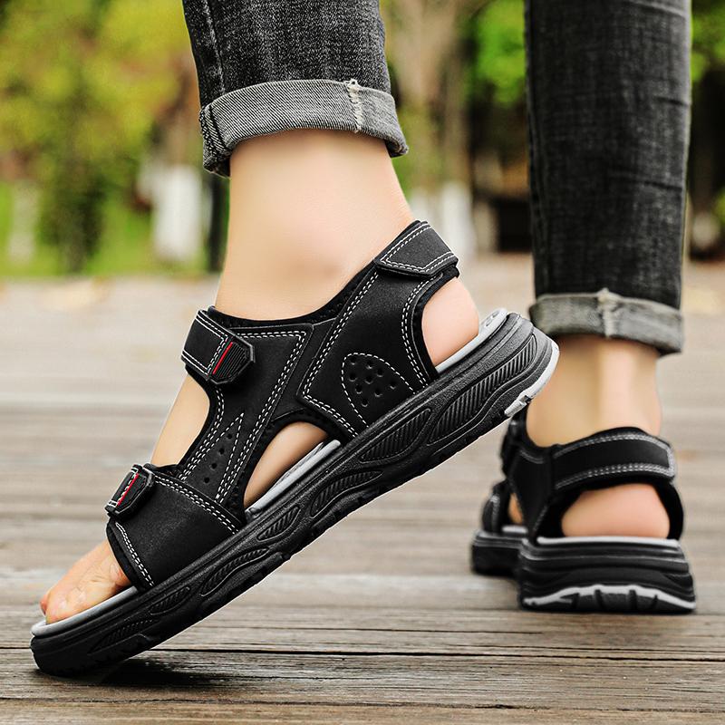 Men's Leather Buckle Sandals Outdoor Casual Sandals Adjustable Straps for Beach/Walking