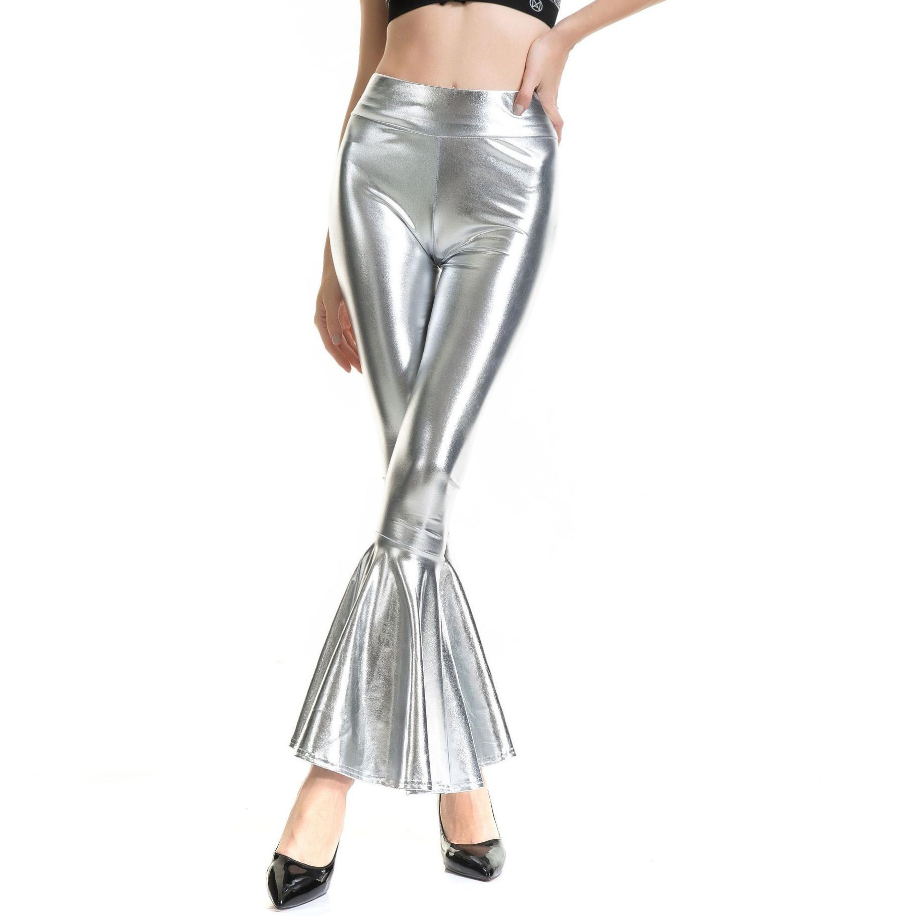 

Женские блестящие металлические расклешенные брюки из искусственной кожи с широкими штанинами, расклешенные брюки-палаццо в стиле диско с широкими штанинами M серебряный