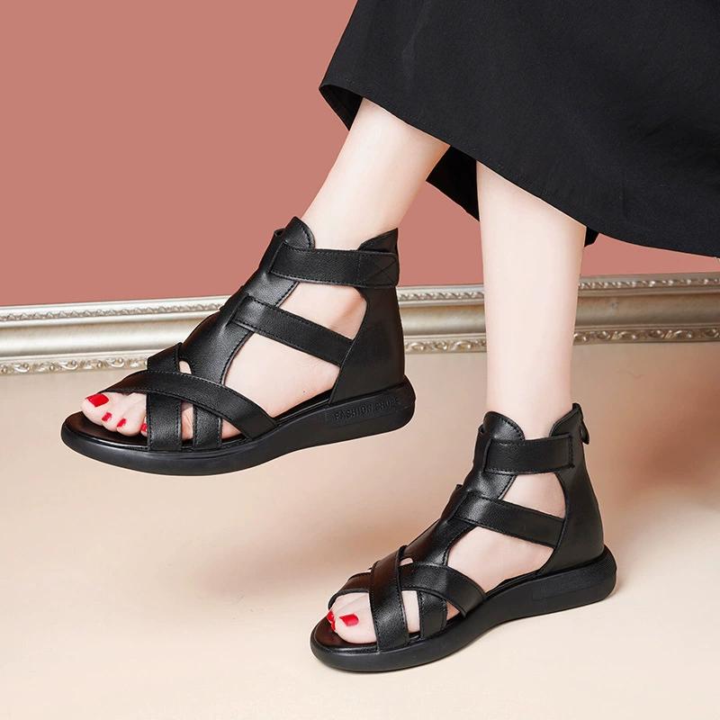 Fashion GKTINOO Summer Open Toe Genuine Leather Sandals Flat Shoes Roman Sandals 2025 Large Size Cool Boots Women Shoes Flat Sandals New