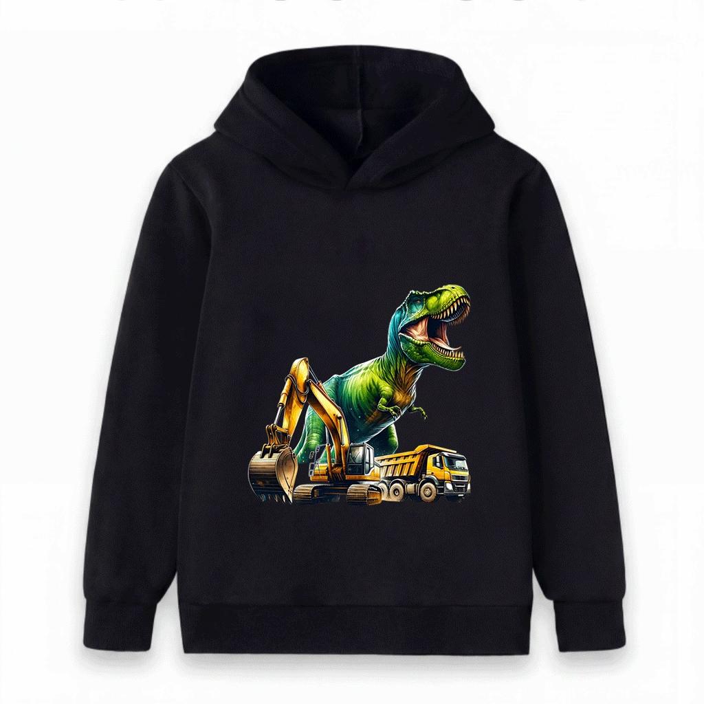 Kids Boys Girls Hoodie Sweatshirt Cool T-Rex Dinosaur Excavator Dump Truck Print Casual Pullover Hooded Tops for Construction Dino Fans