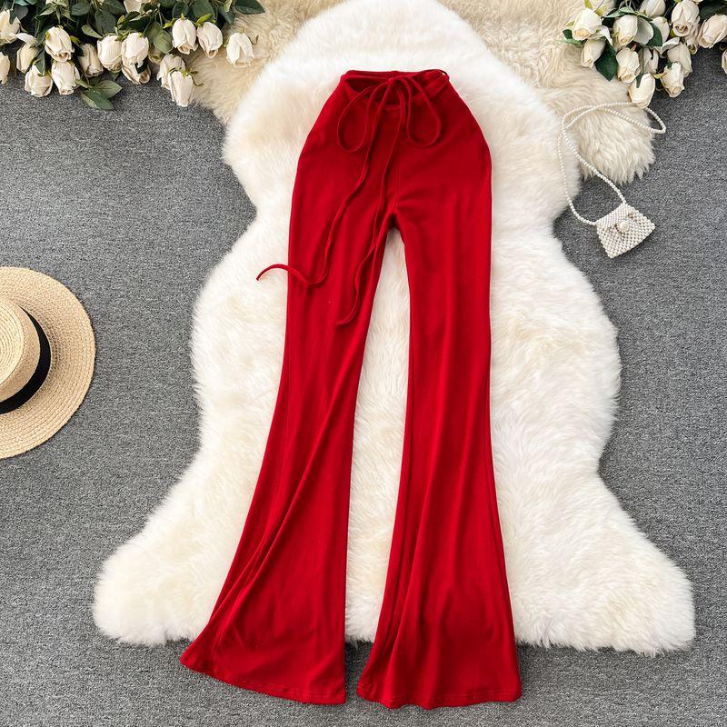 

Fashion Sexy Wear Stylish Lace-up Waist-Controlled Slim Looking Silm Sheath Long Flared Pants Sexy Yoga Pants Red One size