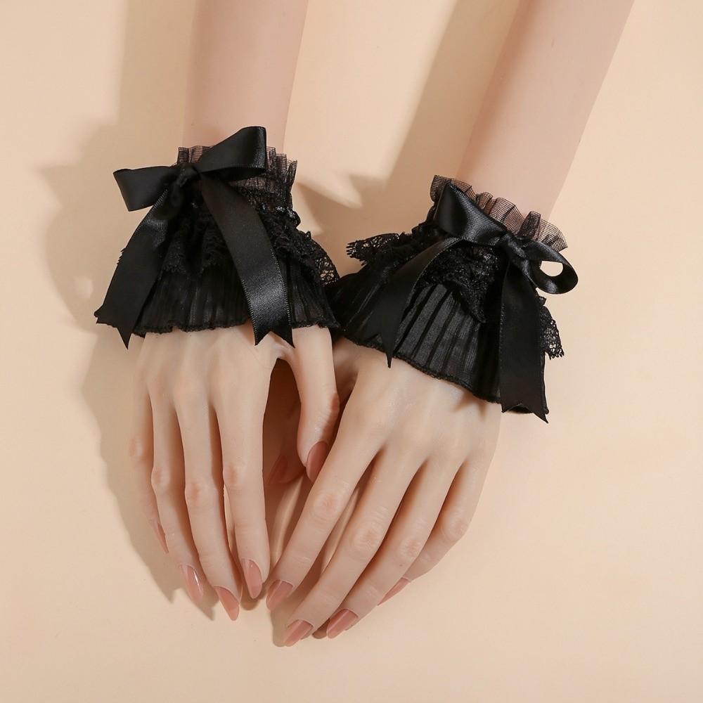 Pleated Ruched Detachable Cuffs Double Layer Bow Lace Wrist Cuffs Lolita Matching чёрный