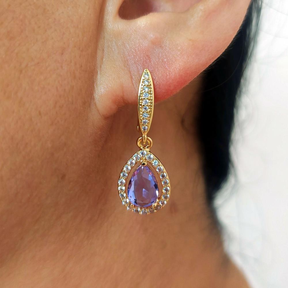 1 Pair Luxurious Purple Drop Shape Dangle Earrings for Women Cubic Zirconia Jewelry Wedding Party Accessories