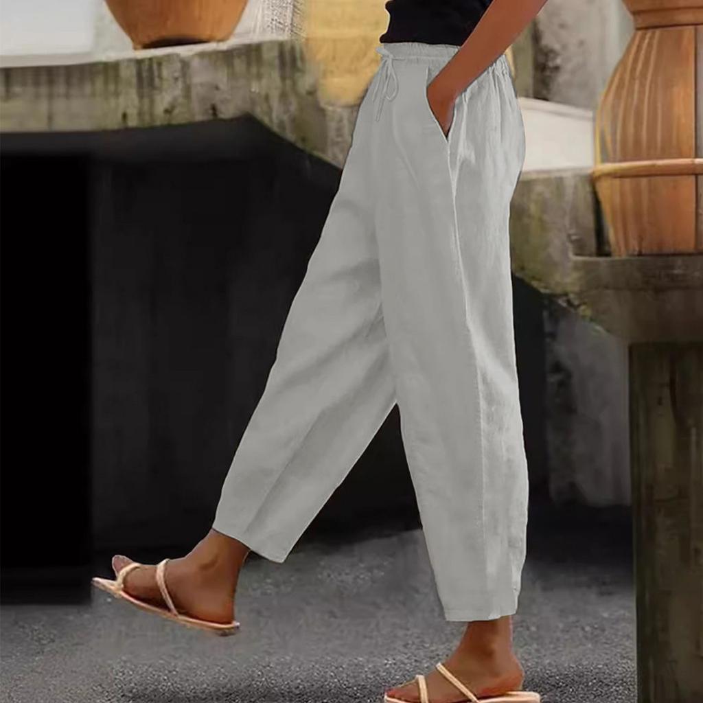 Women's Fashion Loose Cotton Linen Color Casual Side Pocket Elastic Drawstring Trousers