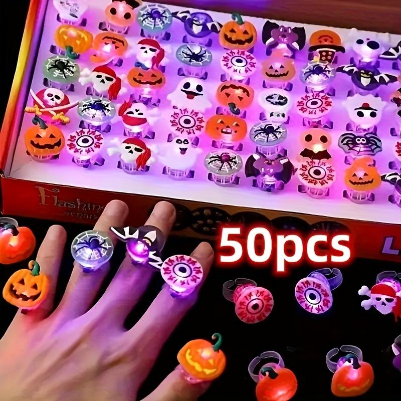 50pcs Glow-in-the-Dark Halloween Ring Pumpkin Skull Bat More Spooky Design Decoration Halloween Celebration Gift Battery Powered