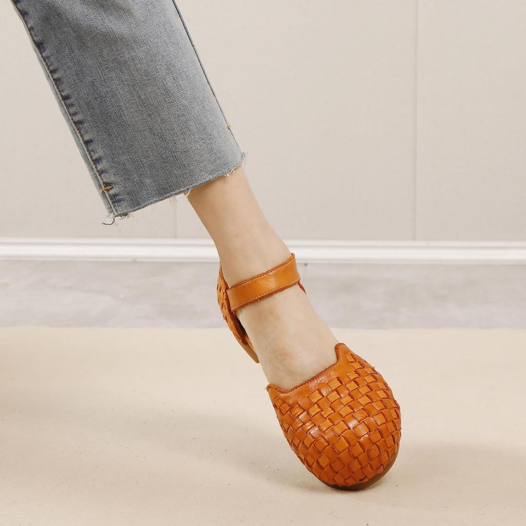 Johnature Women's Sandals Retro Versatile Round Toe Genuine Leather Woven Comfortable Flat Shoes