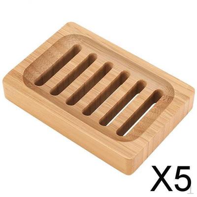 5x Bamboo Soap Dish Container, Self Draining, Tray Holder Sponge for Bathroom Shower Camping