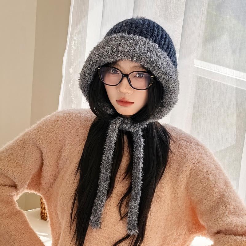 Little Bear Plush Knitted Cap for Women  Cute and Warm Japanese Style Ear Protecting Woolen Cap for Autumn and Winter Outdoor Cycling Cold Proof Cap