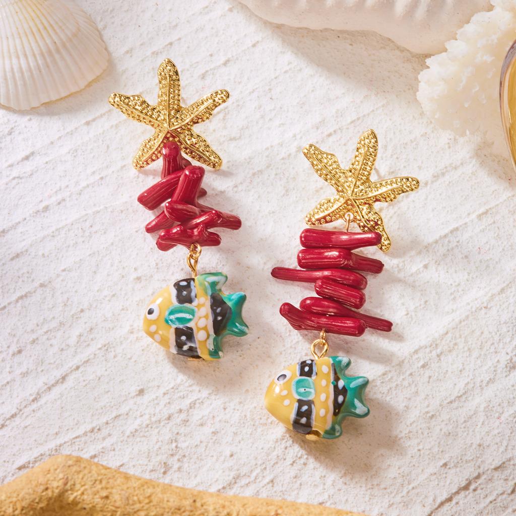 Boho Ocean Theme Cute Ceramic Fish Drop Earrings For Women Textured Starfish Red Coral Stacked Earring Beach Vacation Jewelry