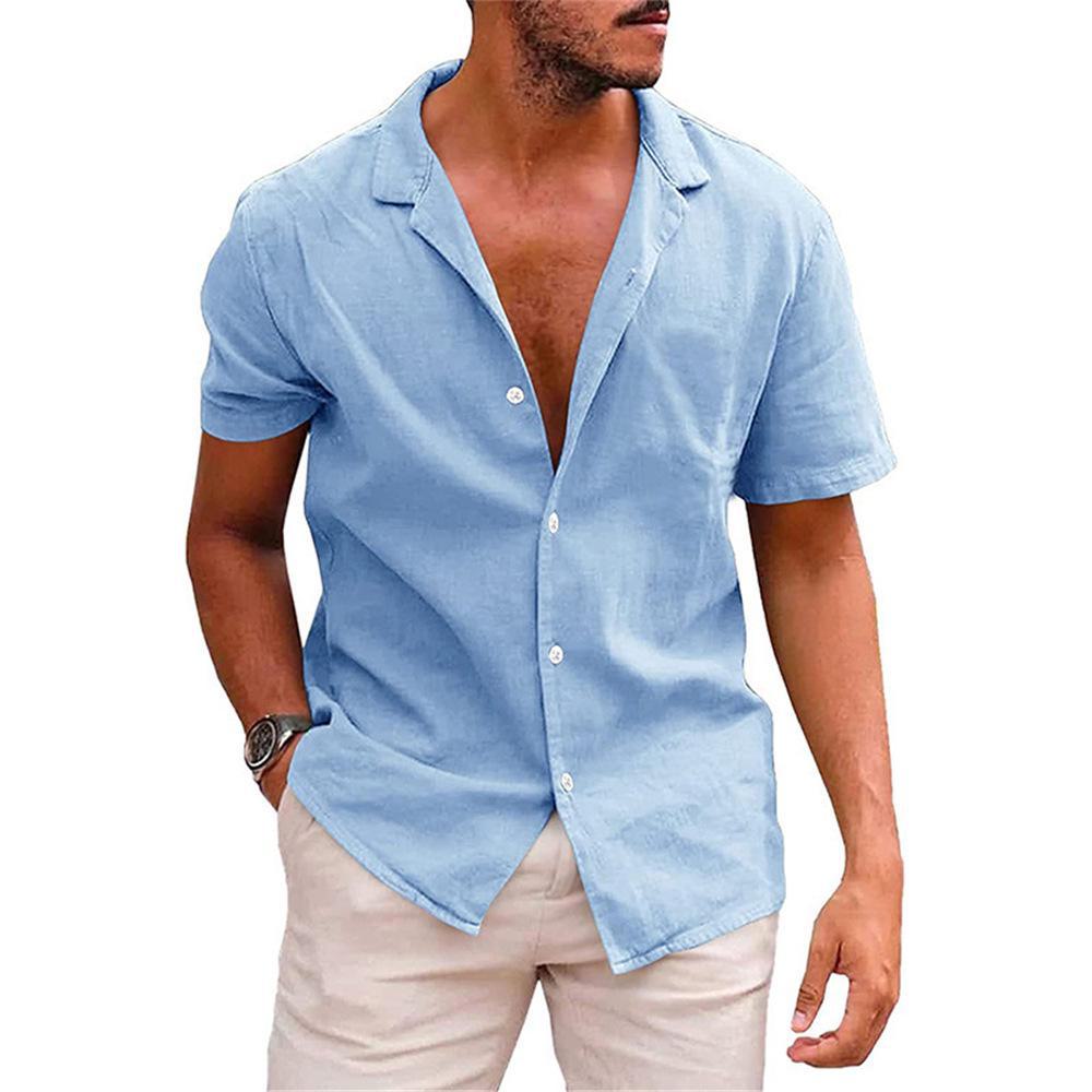 2026 Men's Casual Lapel Short-Sleeve Solid Color Cotton and Linen Shirt - European and American Style