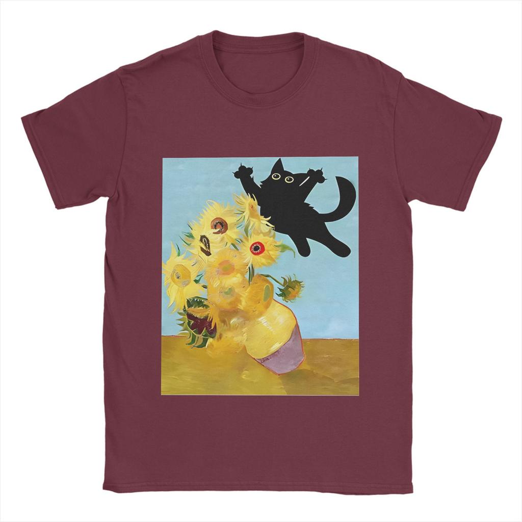 Vincent Van Gogh T-Shirts Men Cute Cat bayingimg Awesome Cotton Tee Shirt Crewneck Short Sleeve T Shirt Plus Size Clothing