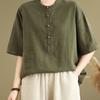 Plus Size Linen Vintage Button Pocket Short Sleeve T-Shirt Women's Summer Loose Slimming Fashion Top