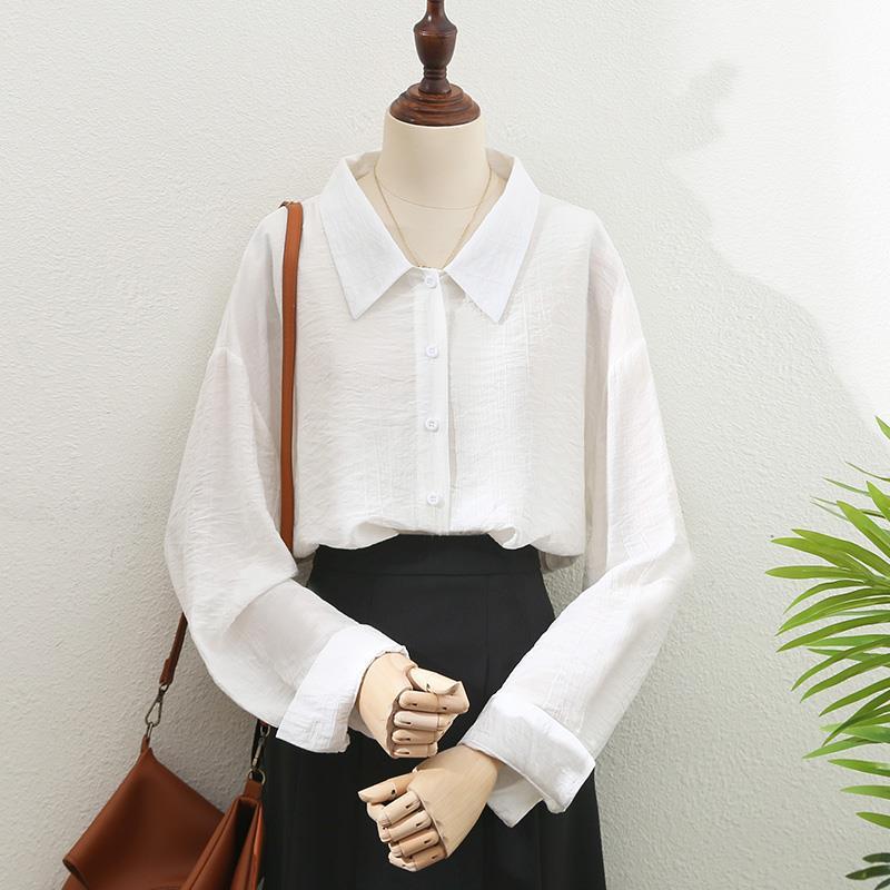 Korean Crepe Vintage Long sleeve Shirt Women Green Designer Fashionable Oversize Office Lady Polo Collar Casual